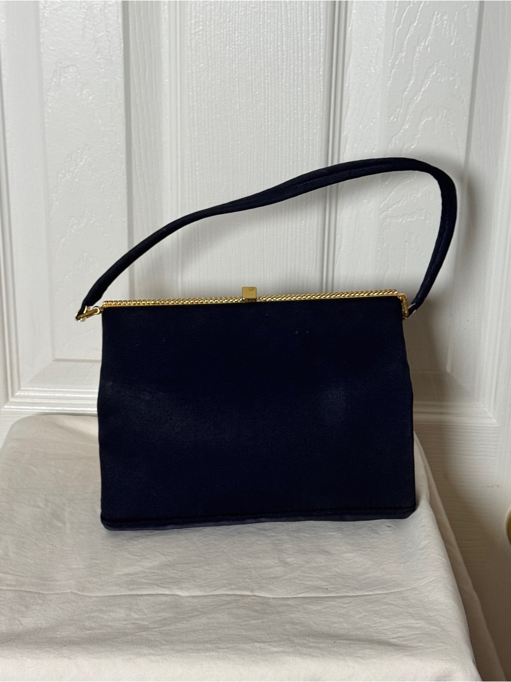 Vintage Coblentz Original Black Satin Evening Bag Gold Frame Blue Silk Lining